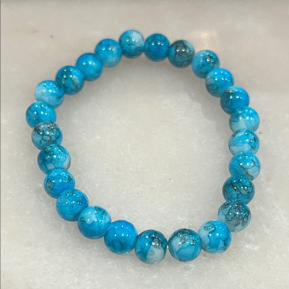 Blue Marble Watercolor Beaded Stretch Bracelet